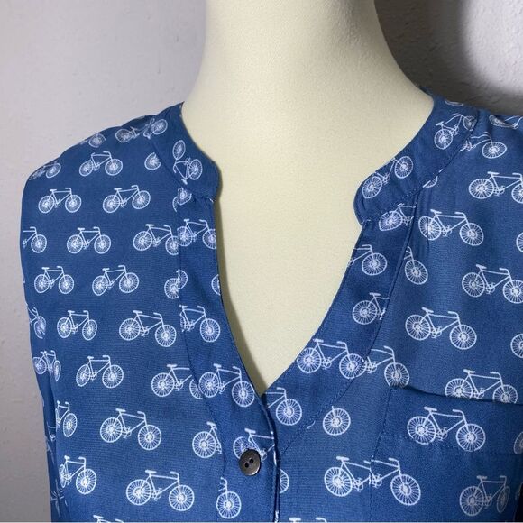 Bongo Bicycle Novelty Button Up Chiffon Blouse Blue & White Women's Size Medium - Picture 12 of 15